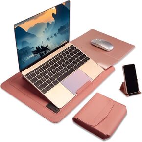 IMMOENUC Multifunctional 14 inch Laptop Sleeve with Stand | Water-Resistant PU Leather Portable Laptop Case, Built-in Adjustable Stand & Mouse Pad, for 13-14" MacBook/Notebook (15.7"x10") Rose Gold
