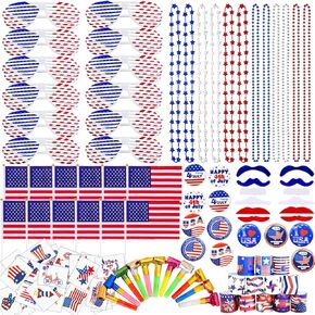 156 Pcs Patriotic Party Favors, 4th of July Accessories American Flags, Sunglasses, Necklaces, Slap Bracelets, Musical Blow Outs, Mustaches, Brooches, Stickers for Independence Day, Memorial Day