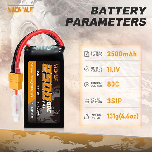 3S Lipo Battery 2500mAh 11.1V 80C High Discharge Rate Shorty Pack RC Batteries with XT60 Plug Fit for RC Airplane FPV Quadcopter Helicopter Drone and Racing RC Hobby Models 2500 High Capacity in Kuwait