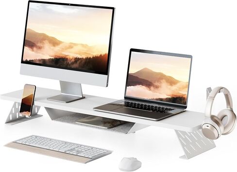 Fenge Dual Monitor Stand, 42.5 Inch Monitor Riser for Desk, Wood Desk Shelf for 2 Monitors, 2 Tier Monitor Shelf with Headphone Stand & Phone Holder in Kuwait