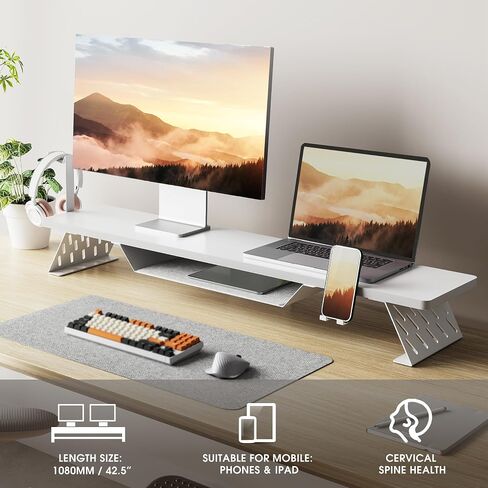 Fenge Dual Monitor Stand, 42.5 Inch Monitor Riser for Desk, Wood Desk Shelf for 2 Monitors, 2 Tier Monitor Shelf with Headphone Stand & Phone Holder in Kuwait