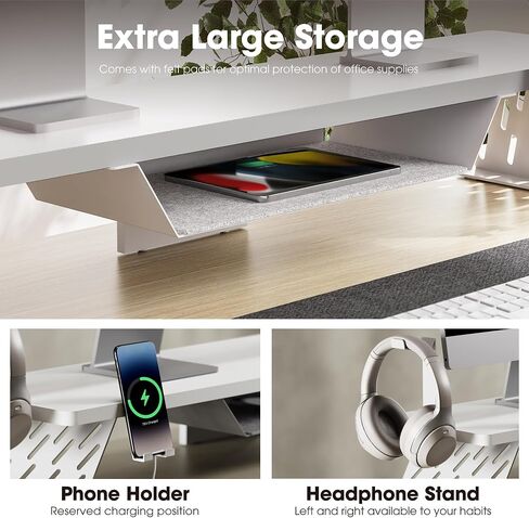 Fenge Dual Monitor Stand, 42.5 Inch Monitor Riser for Desk, Wood Desk Shelf for 2 Monitors, 2 Tier Monitor Shelf with Headphone Stand & Phone Holder in Kuwait