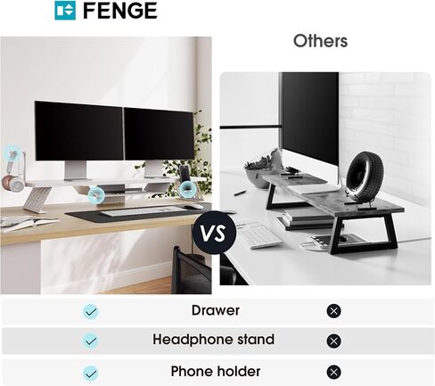 Fenge Dual Monitor Stand, 42.5 Inch Monitor Riser for Desk, Wood Desk Shelf for 2 Monitors, 2 Tier Monitor Shelf with Headphone Stand & Phone Holder in Kuwait