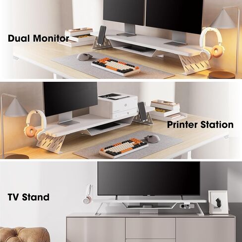 Fenge Dual Monitor Stand, 42.5 Inch Monitor Riser for Desk, Wood Desk Shelf for 2 Monitors, 2 Tier Monitor Shelf with Headphone Stand & Phone Holder in Kuwait