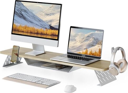 Fenge Dual Monitor Stand, 42.5 Inch Monitor Riser for Desk, Wood Desk Shelf for 2 Monitors, 2 Tier Monitor Shelf with Headphone Stand & Phone Holder in Kuwait