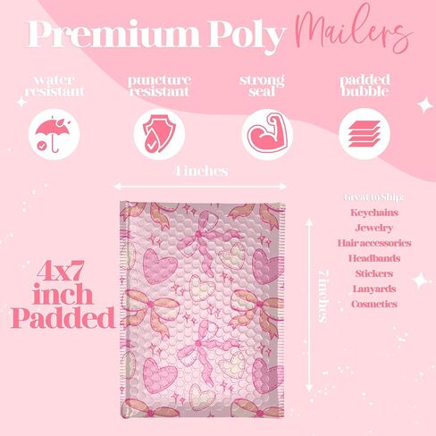6x9 Designer Bubble Poly Mailer 50 Pack Heavy Duty Waterproof Self Seal Shipping Bags for Small Business Large Mailing Envelopes Bulk Tear Resistant Padded Pink Coquette Bubble Mailer in Saudi Arabia