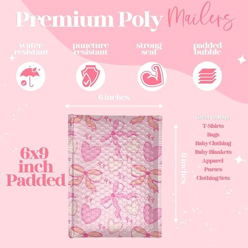 6x9 Designer Bubble Poly Mailer 50 Pack Heavy Duty Waterproof Self Seal Shipping Bags for Small Business Large Mailing Envelopes Bulk Tear Resistant Padded Pink Coquette Bubble Mailer in Saudi Arabia