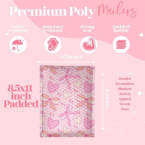 6x9 Designer Bubble Poly Mailer 50 Pack Heavy Duty Waterproof Self Seal Shipping Bags for Small Business Large Mailing Envelopes Bulk Tear Resistant Padded Pink Coquette Bubble Mailer in Saudi Arabia