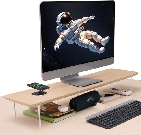 SUIBIAN Monitor Stand with Wireless Charging & Acrylic Legs - 31.5-Inch Wood Monitor Riser for Computer, Desk Organizer for Laptop, PC, TV - Office Desk Accessories (White Oak) in Kuwait