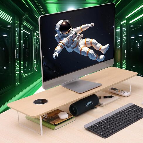 SUIBIAN Monitor Stand with Wireless Charging & Acrylic Legs - 31.5-Inch Wood Monitor Riser for Computer, Desk Organizer for Laptop, PC, TV - Office Desk Accessories (White Oak) in Kuwait