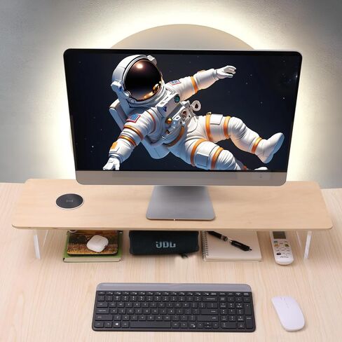 SUIBIAN Monitor Stand with Wireless Charging & Acrylic Legs - 31.5-Inch Wood Monitor Riser for Computer, Desk Organizer for Laptop, PC, TV - Office Desk Accessories (White Oak) in Kuwait
