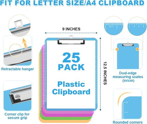 TOTiyea Clipboard Set of 25, 12.5 x 9 Inch Multi Color, Plastic Clipboard with Low Profile Clip, 75 Sheets Capacity, Standard Letter Size in Kuwait