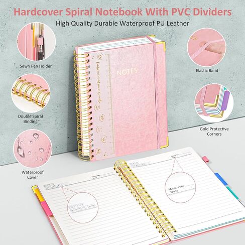 Hardcover Spiral Notebook Journal with Removable PVC Dividers - 8'' x 10'' Large 300 Page B5 Hardcover Leather College Lined Journals Notebook for Work Note Taking Office Home School Supplies, Pink in Saudi Arabia
