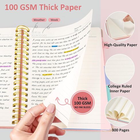 Hardcover Spiral Notebook Journal with Removable PVC Dividers - 8'' x 10'' Large 300 Page B5 Hardcover Leather College Lined Journals Notebook for Work Note Taking Office Home School Supplies, Pink in Saudi Arabia