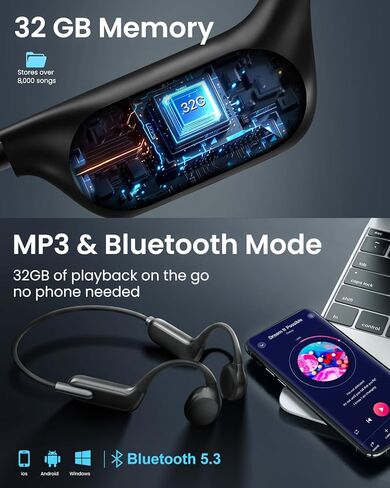سماعات توصيل العظام، IPX8 مقاومة للماء MP3 سماعات سباحة تحت الماء مشغل موسيقى مدمج بذاكرة 32 جيجا، سماعات أذن بلوتوث لاسلكية مفتوحة 5.3 للجري وركوب الدراجات والسباحة in Kuwait