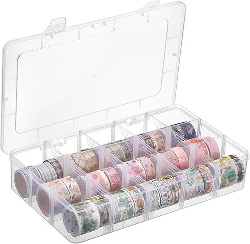 BTSKY 2 PCS Plastic Washi Tape Organizer, Adjustable 15-Grid Compartment Washi Tape Storage Case, Clear Sticker Storage Box for Scrapbook Organizers and Storage, Universal Jewelry Box Bead Organizer in Saudi Arabia
