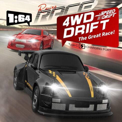 Mini RC Drift Car with Lights, 1:64 4WD 2.4GHz Remote Control Car for Kids Adults (Black) in Saudi Arabia