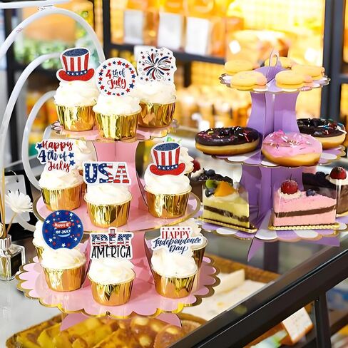 56 PCS قبعات كب كيك صالحة للأكل في الرابع من يوليو - ديكورات يوم الاستقلال الوطني للكعك ، Red White Blue USA Form Supplies (Style 2) in Kuwait