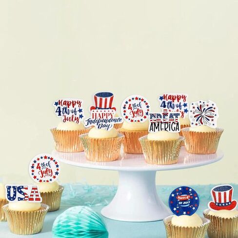 56 PCS قبعات كب كيك صالحة للأكل في الرابع من يوليو - ديكورات يوم الاستقلال الوطني للكعك ، Red White Blue USA Form Supplies (Style 2) in Kuwait