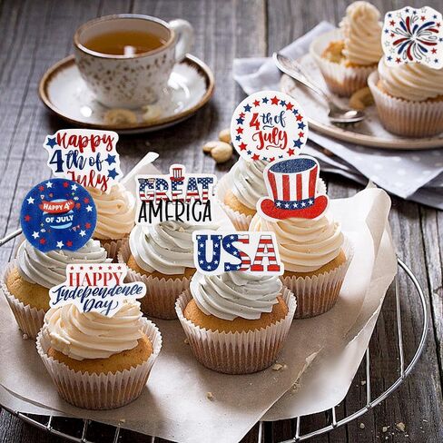 56 PCS قبعات كب كيك صالحة للأكل في الرابع من يوليو - ديكورات يوم الاستقلال الوطني للكعك ، Red White Blue USA Form Supplies (Style 2) in Kuwait