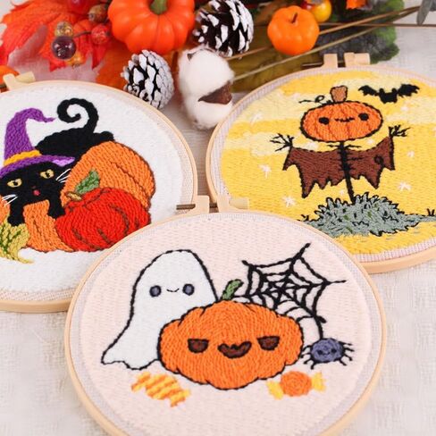 artcici Punch Needle Kit for Beginners with Halloween Pumpkin Black Cat Pattern Tool and Yarn, Easy Embroidery Rug Hooking Set (Pumpkin) in Saudi Arabia