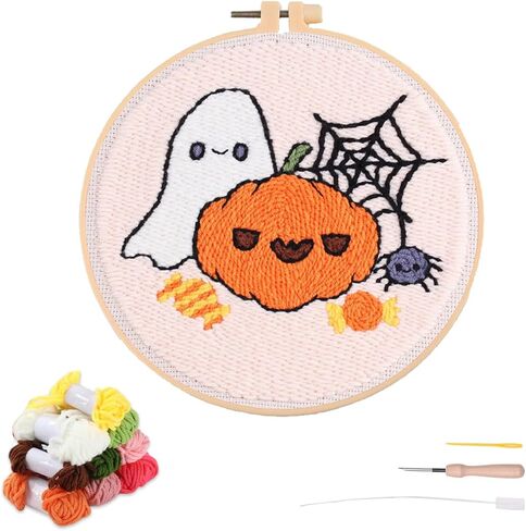artcici Punch Needle Kit for Beginners with Halloween Pumpkin Black Cat Pattern Tool and Yarn, Easy Embroidery Rug Hooking Set (Pumpkin) in Saudi Arabia