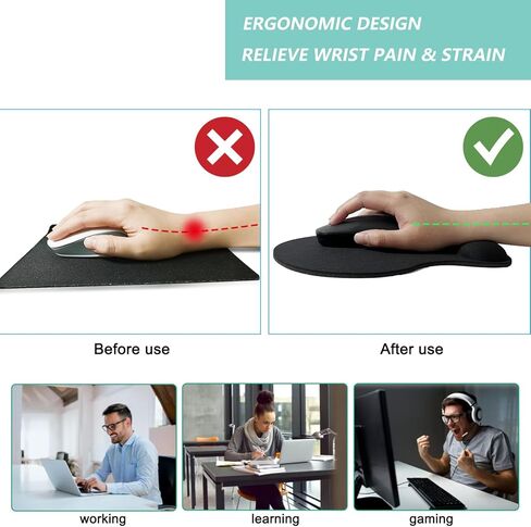 Mouse Pad with Wrist Support, Ergonomic Mouse Pads with Memory Foam Wrist Rest, Easy Typing Pain Relief, Comfortable Home Office Computer Wrist Support Pads for Working Studying Gaming, Black, 2 Pack in Kuwait
