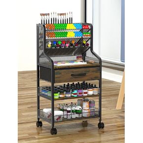 Rolling Art Cart 3 Tier Craft Cart with Wheels and Storage Drawer Metal Utility Cart Organizer for Drawing Room Home Office Studio for Storing Brushes Paints and Storage Supplies