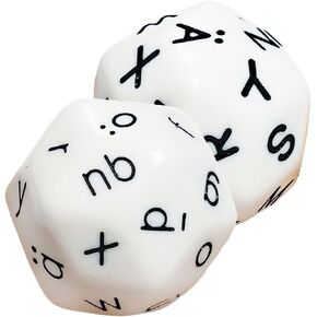 Set of 2 Dice 30 Sided Lower Upper Case Letters German Alphabet White in Snow Organza Bag
