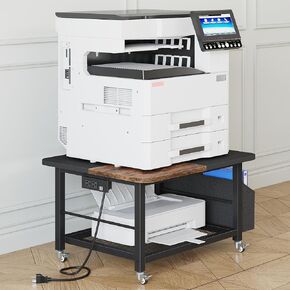 23.6"×23.6" Large Priner Stand with Power Outlet, Heavy Duty Printer Cart with Storage Side Pocket, Printer Table for Home Office 3D/ Laser/Heat Press Table, Black