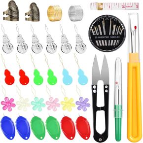 KAQRHFT Needle Threaders Kit, 24 PCS 4 Types Needle Threader with Embroidery Needles, Seam Ripper, Thread Snips, Thimble and Measuring Tape, Sewing Tool Kit for Hand Sewing