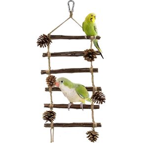 Multi-Level Bird Ladder for Cage with Pinecone Chew Toys, Large Wooden Parrot Toys Ladder for Multiple Birds Climbing, Chewing, and Playing, Natural Hardwood Perch for Cockatiels and Parakeets