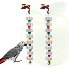 2 Pack Bird Beak Grinding Stone with Apple Scent, Large Parrot Chewing Calcium Stone Toy with Bells, Bird Cage Accessories, Suitable for Cockatiel Parakeet Parrot Budgies Rat Hamster Chinchilla Rabbit