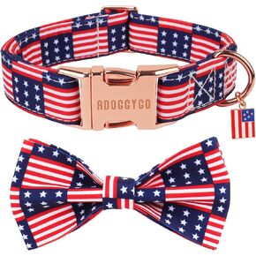 ADOGGYGO Patriotic Dog Collar with Bow Tie, Detachable Flag Pet Bowtie, Metal Buckle, Adjustable 4th of July Collars for Medium Dogs Boy Girl (Medium)