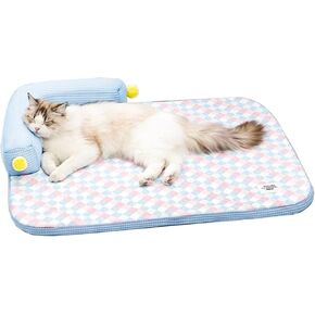 Cooling Cat Bed with Pillow – L-Shaped Sofa Design, Breathable Summer Mat for Kittens & Cats, Machine-Washable Cushion Calming Bed for Persian, Siamese, Small Pets (Blue-21"x15"x4")