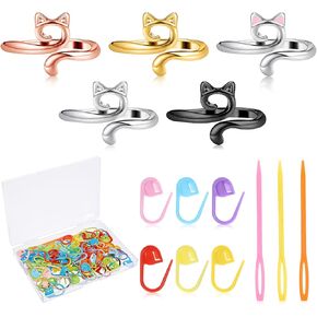 QfwdfcTrenz 5 Pcs Adjustable Cat Crochet Ring for Finger, 100 Pcs Stitch Markers, 3 Plastic Needles, Knitting & Crochet Supplies, Modern, Non-Foldable, Adult, Cartoon Cat Theme