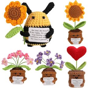 5 Pcs Positive Crochet - Bee, Emotional Support Flowers, Handmade Emotional Support Crochet Gifts for Women Men, Birthday Gifts for Friends Sister Teacher, Friendship Graduation Gift, (5 Varied)