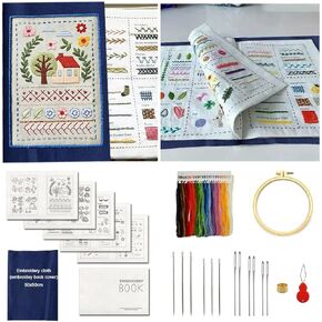 Zhenqing StitchCraft Complete Embroidery Book Kit – 200+ Patterns, 24 Threads, Hoop, Fabric & Tools – Beginner to Advanced DIY Stitching Set with English Guide