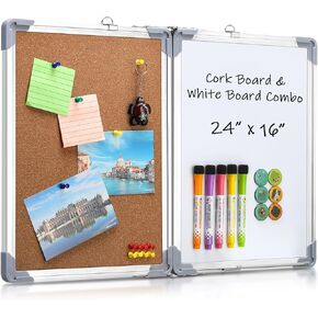 Kosiz 24" x 16" Foldable White Board Dry Erase Cork Board Combo with Aluminium Frame and Flip Out Pen Tray for Office, Home, Education