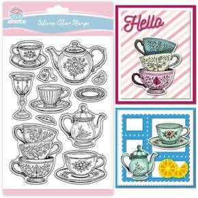 GLOBLELAND Teacup Teapot Clear Stamp for Scrapbooking Flower Pattern Silicone Stamps Vintage Tableware Transparent Stamp for Card Making DIY Embossing Journaling