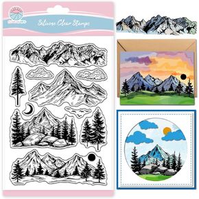GLOBLELAND Mountains Trees Clear Stamp for Scrapbooking Clouds Sun Moon Silicone Stamps Forest Background Transparent Stamp for Card Making DIY Embossing Journaling