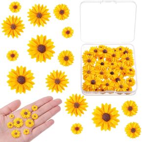 50 Pcs Resin Sunflower for Craft, Flatback Resin Daisy Flowers Mini Daisy Decoration Small Decorative Daisies Charms with Storage Box for DIY Crafts, Party, Home Decoration (4 Sizes, Yellow)