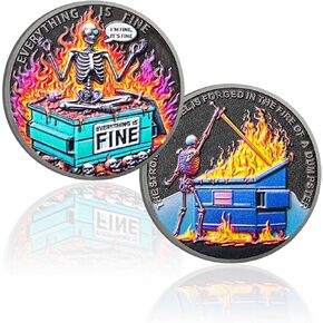 Skull Dumpster Fire Challenge Coin Funny Desk Accessories Hilarious Coworker Go Away Token Hilarious Medallion Inspirational Office Gifts for Men Women with Clear Protective Case