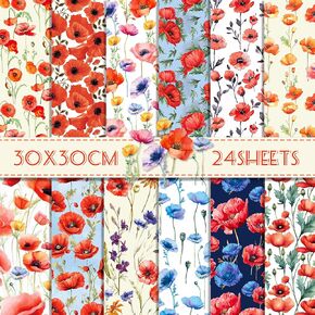24 Sheets Poppy Flower Scrapbook Paper 11.8'' x 11.8''Dyeing Poppy Flowers Pattern Pad Poppies Floral Double-Sided Scrapbook Paper Beautiful Poppies Patterned Pad for DIY Card Making Photo Album Decor