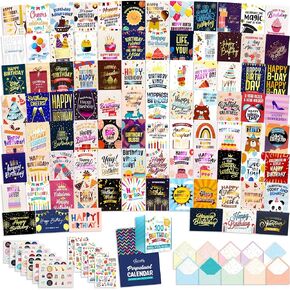 Decorably 100 Pack Foiled 5x7in Happy Birthday Cards Bulk with Envelopes and Stickers, 100 Unique Designs Bulk Birthday Cards with Envelopes, with Printed Message Inside