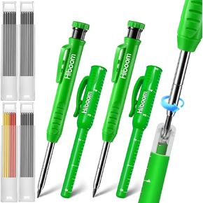 Hiboom 2 Pack Solid Carpenter Pencils with Pencil Cap, Built-in Sharpener, 24 Refills (Black, Red, Yellow), Long Nose Deep Hole Mechanical Marker Set, Scribe Tool for Construction Woodworking