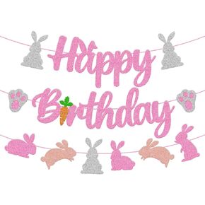 Bunny Birthday Banner Rabbit Bday Party Decorations Bunny Paw Ears Carrot Easter's Day Theme for Kids Boy Girl Baby Shower Party Supplies (Pink) in Kuwait