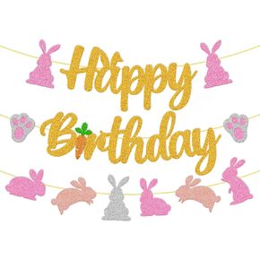 Bunny Birthday Banner Rabbit Bday Party Decorations Bunny Paw Ears Carrot Easter's Day Theme for Kids Boy Girl Baby Shower Party Supplies (Pink)
