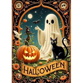 Pumpkin Ghost Cat Diamond Art Kits for Adults, 5D Halloween Diamond Painting Kits for Adults Beginners, DIY Full Round Drill Diamond Dot Painting Gem Art Kits for Adult, Home Wall Decor 11.8x15.7 Inch