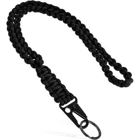 Heavy Duty Neck Braided Paracord Lanyard Keychain for Men Women Outdoor Survival Adventure Rope Black Parachute Rope Necklace Keychains with Clip Key Ring for ID Card Badge Holder, Camera, Wallet